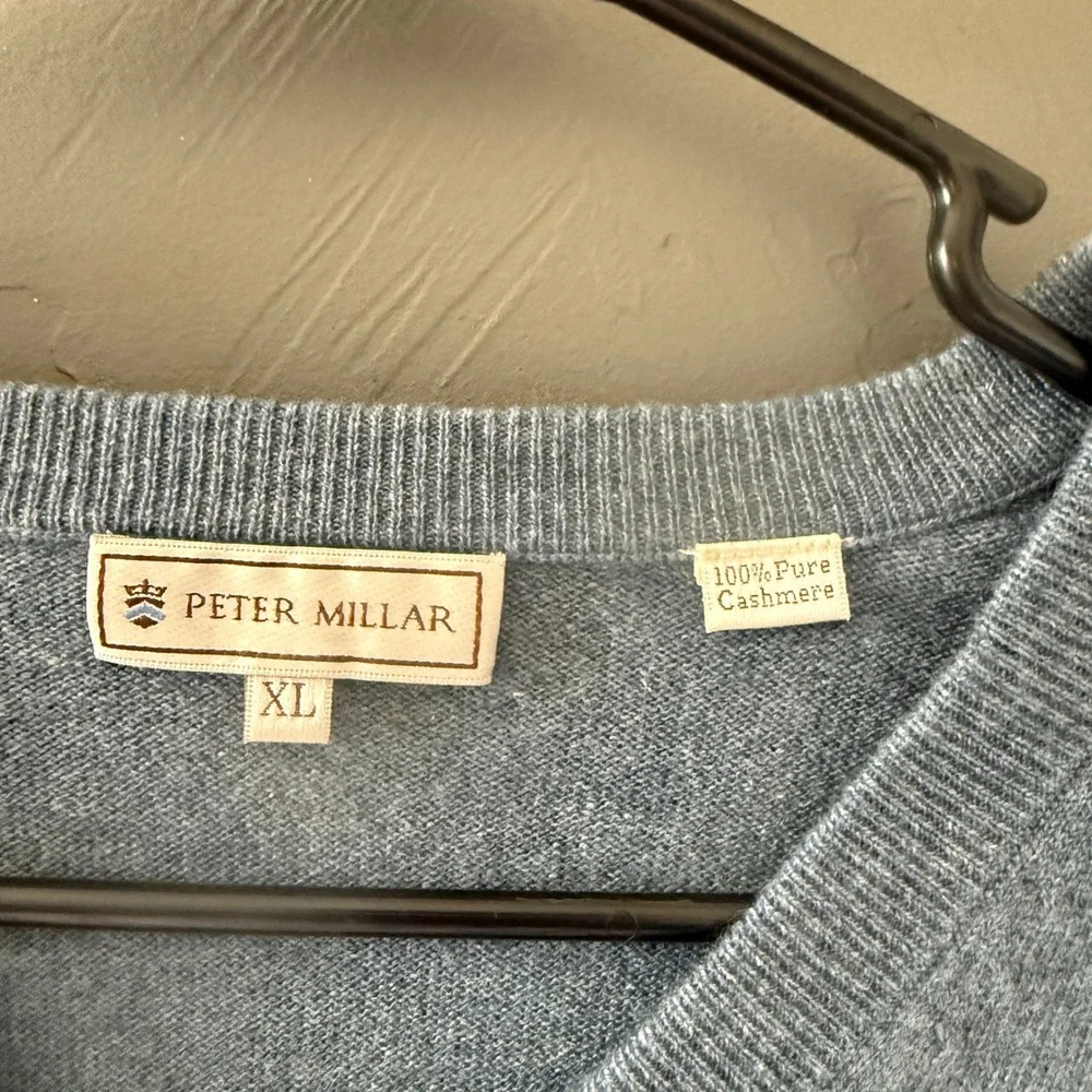 Peter Millar Mens XL V-Neck Sweater 100% Pure Cashmere Heather Blue Long Sleeve‎